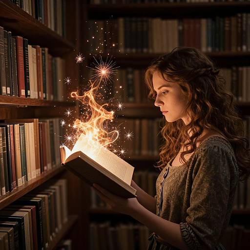 Photograph of a curly-haired woman in a brown cardigan, reading a book with magical, sparkling fire emanating from it, in a dimly