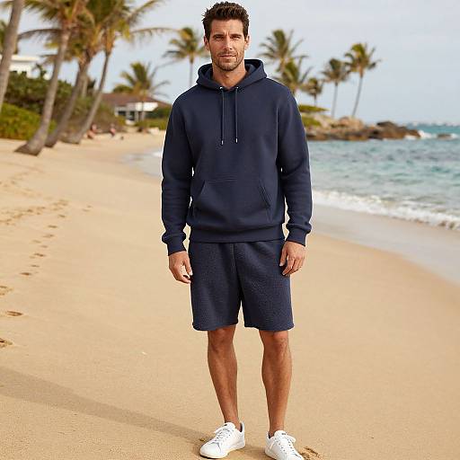 Photograph of a muscular, tan-skinned man with short dark hair, wearing a navy hoodie, navy shorts, and white sneakers, standing on a