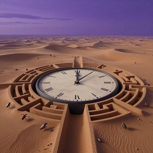 Photograph of a giant sundial with Roman numerals, surrounded by a maze, in a vast, purple-hued desert with dunes and small