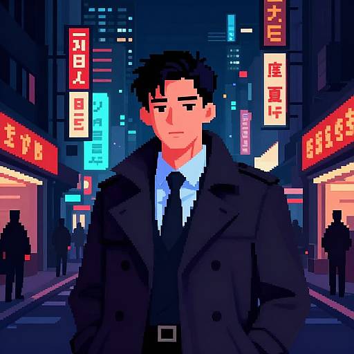 Pixel art of a serious man in a black coat and tie, standing in a vibrant, neon-lit urban street at night.