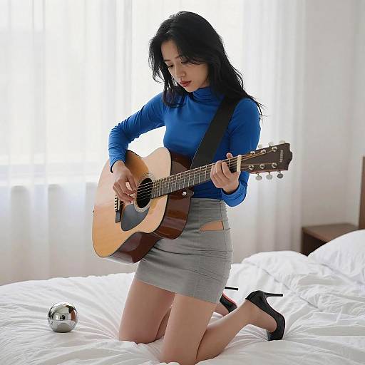 Woman Playing Guitar on Bed