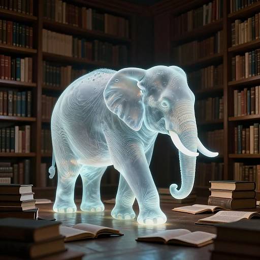 Glowing Translucent Elephant in Library