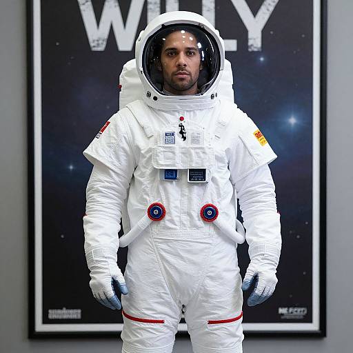 Photograph of a serious-looking man in a white NASA spacesuit with reflective helmet, standing against a starry poster background.