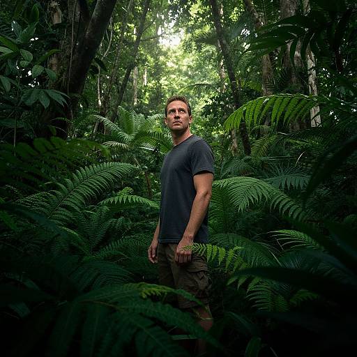 Photograph of a serious, light-skinned man with short brown hair, wearing a dark gray t-shirt and olive pants, standing in a dense,