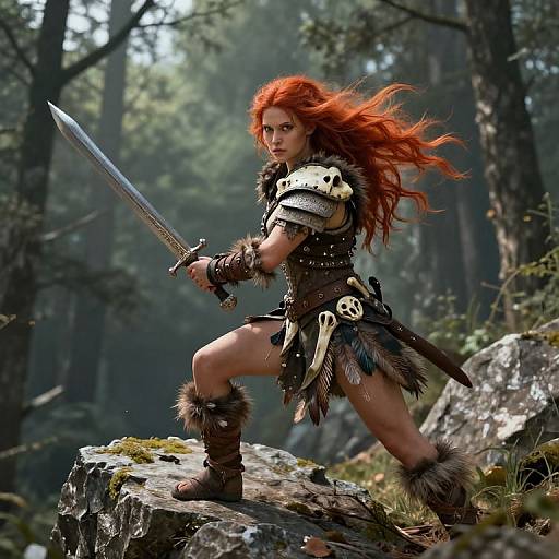 Digital art of a fierce, red-haired warrior woman with fur and leather armor, sword in hand, standing on a forest rock.
