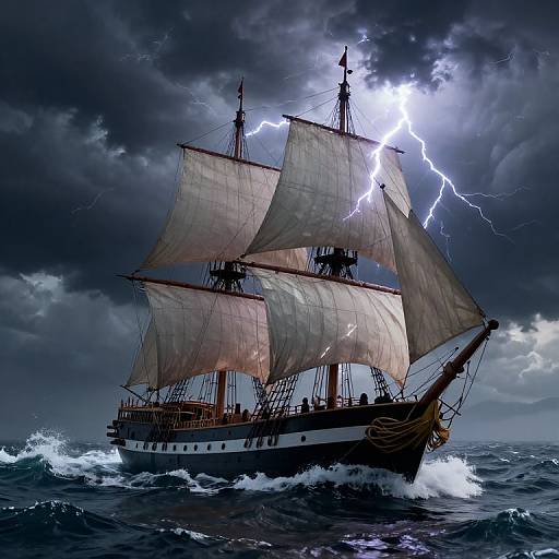 Photorealistic digital painting of a stormy sea, a dark wooden ship with billowing white sails, struck by bright lightning against a stormy,