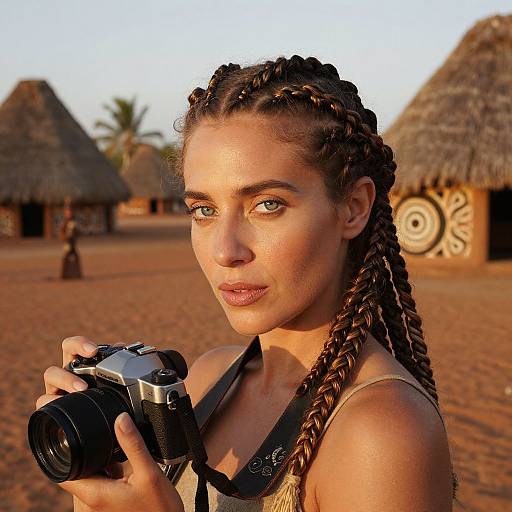Photograph of a young woman with braided hair, holding a camera, standing in a sunlit African village with thatched huts.