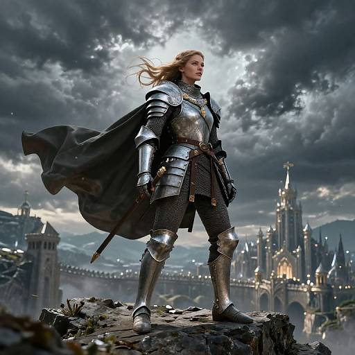 Photorealistic digital artwork of a blonde warrior woman in silver armor with a black cape, standing on a rock, overlooking a medieval castle and bridge under