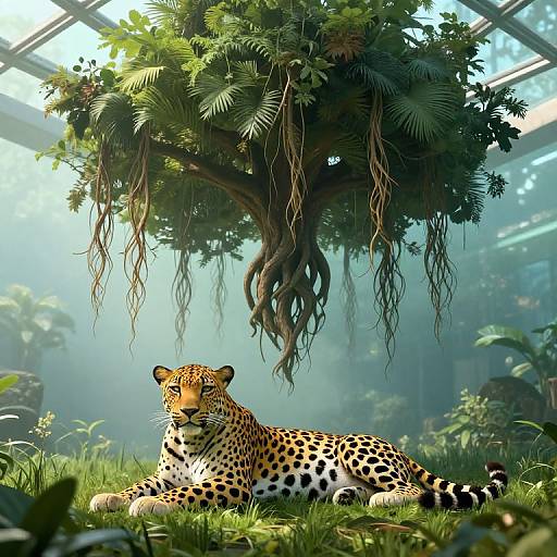 Surreal Leopard Beneath Inverted Tree