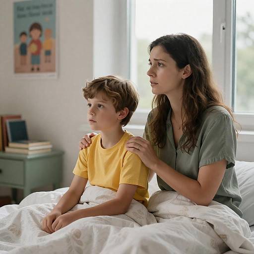Worried Mother and Son in Bedroom