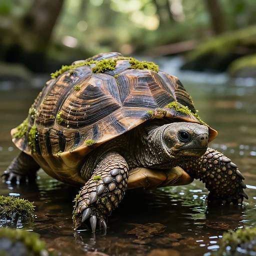 Photograph of a moss-covered tortoise in a forest stream, detailed shell patterns, textured skin, and focused eyes, surrounded by blurred greenery.