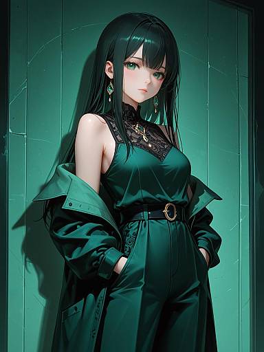 Sophisticated Anime Woman in Jumpsuit