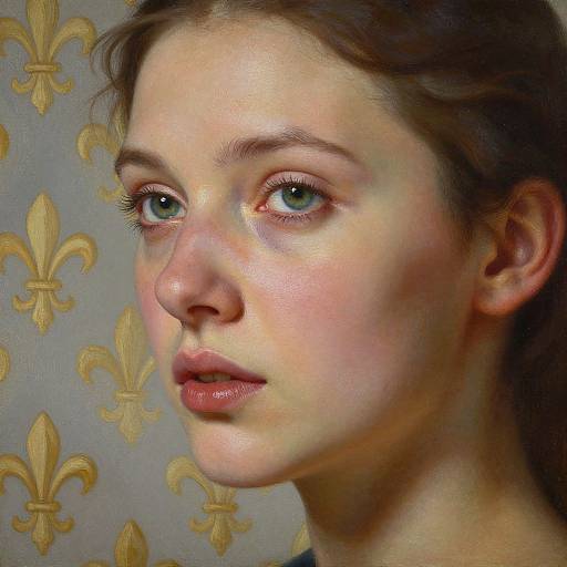 Photorealistic digital portrait of a young woman with fair skin, light brown hair, blue eyes, and soft pink lips, against a gold fleur