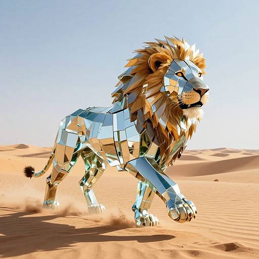 Digital artwork of a geometric, mirrored lion with a golden mane, walking in a bright, sunlit desert with rippling sand.