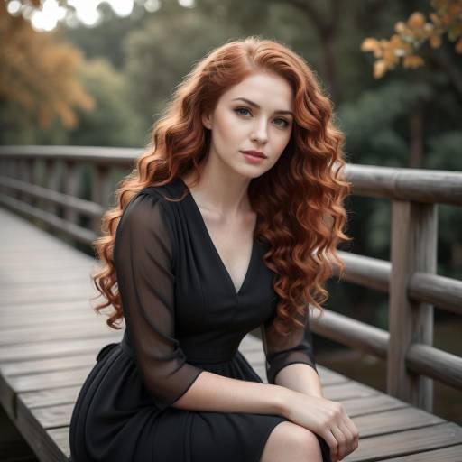 Elegant redhead woman on wooden bridge