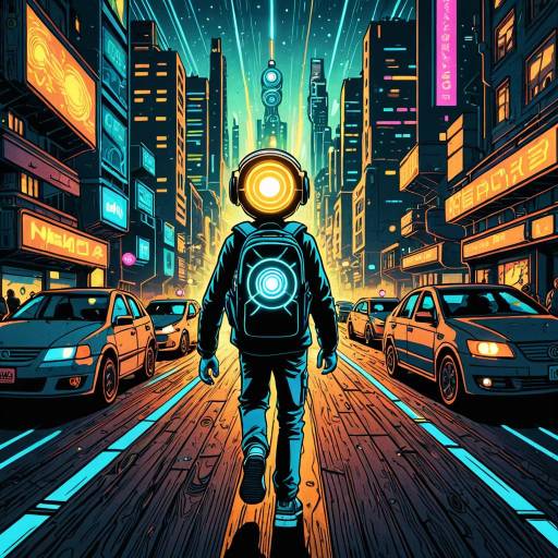 Cybernetic Boy Walking in Neon City