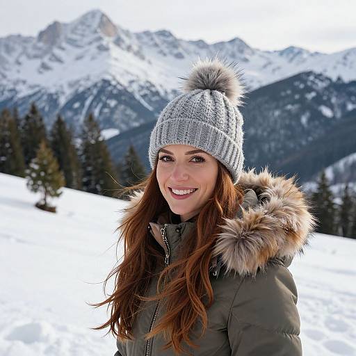 Smiling woman with long brown hair, gray knit beanie, and fur-trimmed green coat, stands in snowy mountain landscape. Photographic image