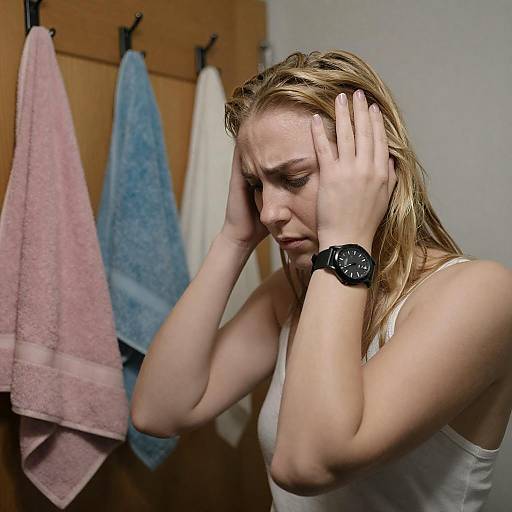 Concerned Woman Holding Head in Bathroom