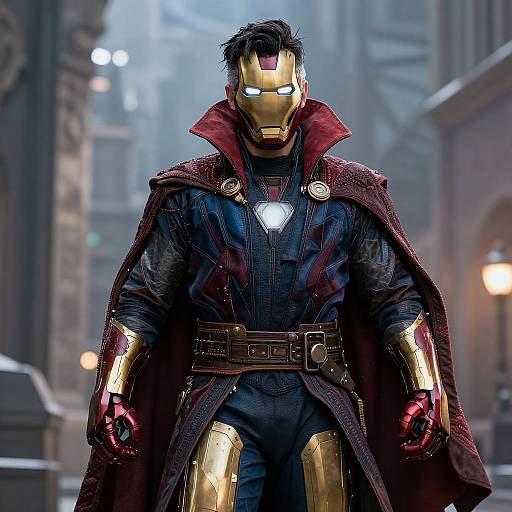 CGI image of Iron Man in a dark, futuristic suit with gold armor, red gloves, and a maroon cloak, standing in a foggy