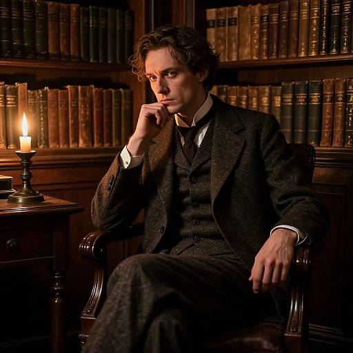 Photograph of a pensive man in a dark tweed suit, sitting in a wooden library chair, illuminated by a candle.