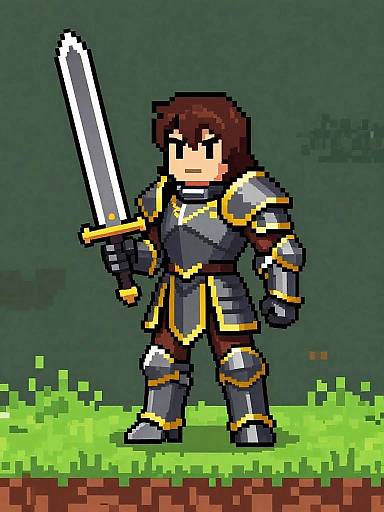 Pixel art of a serious-looking knight with brown hair, wearing gray and gold armor, holding a white sword, standing on grassy terrain.