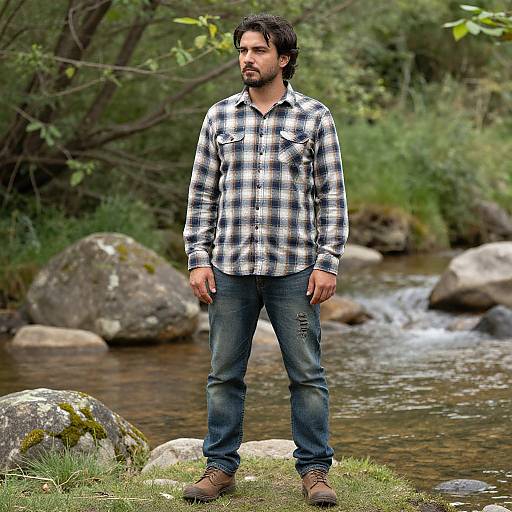 Photograph of a bearded man with dark hair, wearing a black-and-white plaid shirt and blue jeans, standing by a small, rocky stream