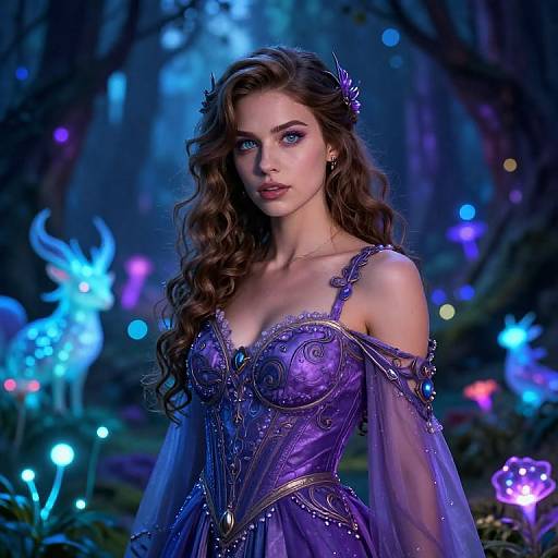 Photorealistic digital art of a beautiful, fair-skinned woman with long, wavy brown hair, wearing a purple, ornate, off-