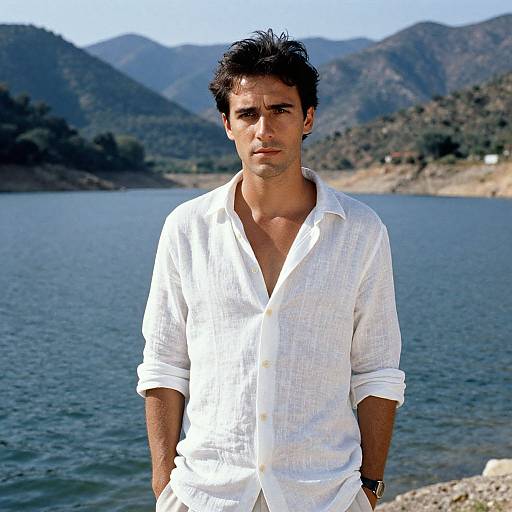 Photograph of a handsome, dark-haired man in a white, slightly unbuttoned shirt, standing by a lakeside with mountains in the background.