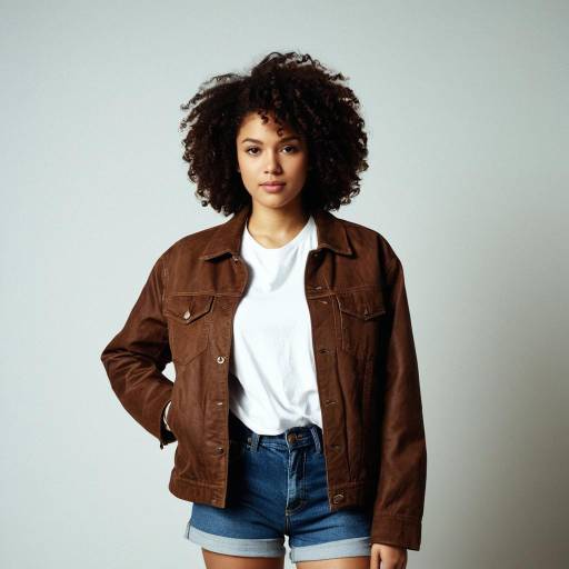 Young Woman in Brown Jacket and Denim Shorts