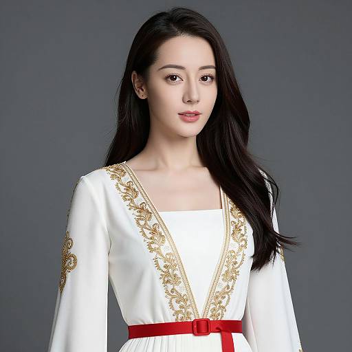 Asian Woman in Elegant Embroidered Dress