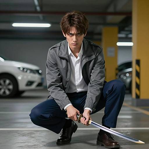 Intense Man with Katana in Garage