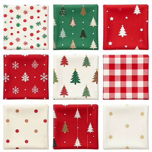Photograph of nine Christmas fabric squares in red, green, white, and plaid patterns, featuring snowflakes, trees, and circles, arranged