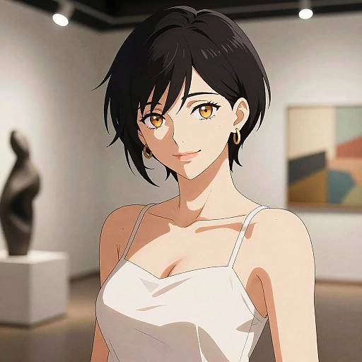 Confident Anime Woman in Art Gallery