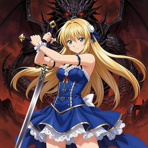 Anime-style illustration of a blonde, blue-eyed girl with long hair, holding a sword, wearing a blue lace dress, against a dark, red-eyed