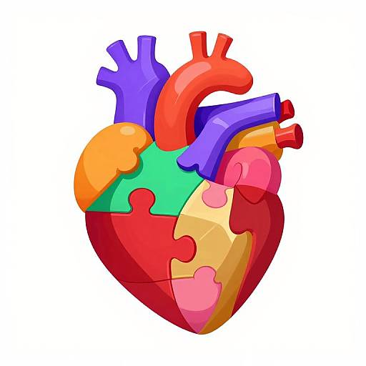 Digital illustration of a colorful, puzzle-piece heart with vibrant red, blue, green, yellow, pink, and orange sections, resembling a 3D