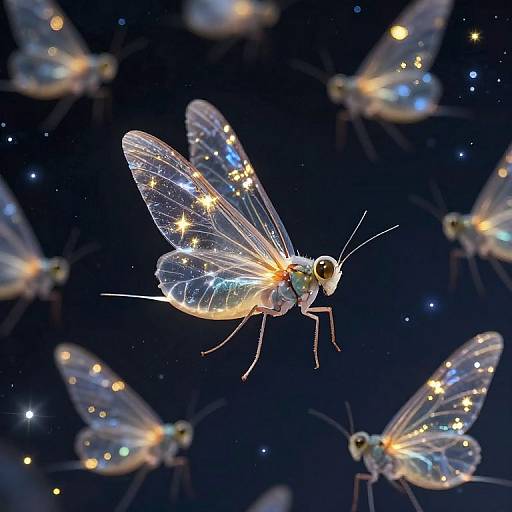 Photograph of glowing, translucent, fairy-like mosquitoes with star-like lights on wings, floating against a dark blue, starry background.
