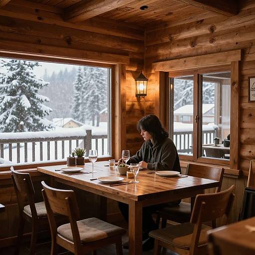 Photograph of a woman with curly hair, wearing a dark jacket, dining alone in a wooden cabin with snow-covered winter view.