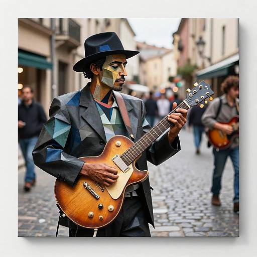 Photograph of a street musician with geometric face paint, black hat, and suit, playing an electric guitar on a cobblestone street. Blurred