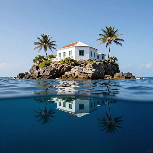 Photograph of a small, white island house with red roof, surrounded by rocks, palm trees, and reflected in clear blue water.