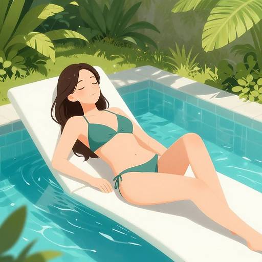 Girl in Bikini Lounging by Tropical Pool
