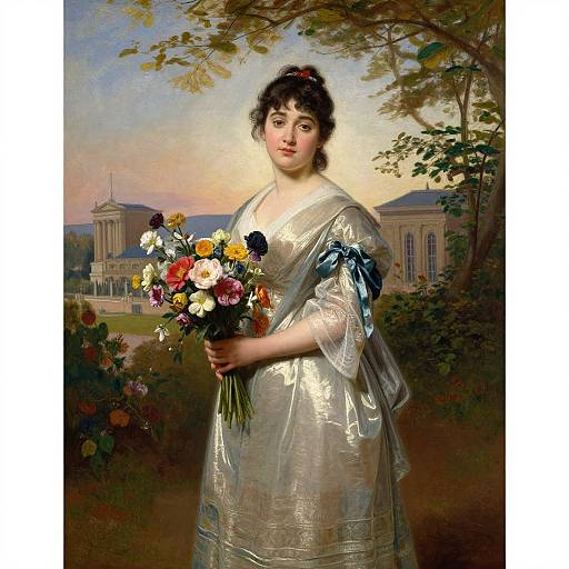 Neoclassical portrait of a young woman with fair skin and dark hair in an ornate silver dress, holding a colorful bouquet, standing in a