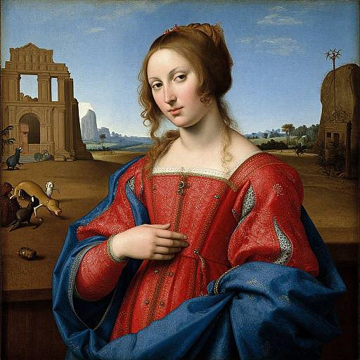 Renaissance painting of a fair-skinned woman with brown hair, wearing a red dress with blue sleeves, standing in a ruined architectural landscape.