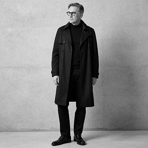 Black-clad man with glasses, short hair, standing against a textured gray wall, wearing a long coat, black shirt, pants, and shoes.