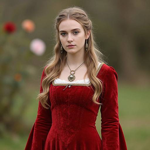 Photograph of a young woman with long, wavy blonde hair wearing a red velvet dress with white lace trim, standing outdoors with blurred greenery and