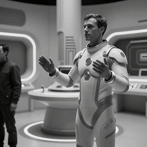 Futuristic Spacesuit in Abstract Control Room