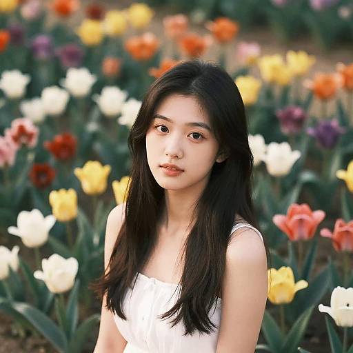 Photograph of an Asian woman with long black hair, wearing a white sleeveless top, standing in a colorful tulip garden.