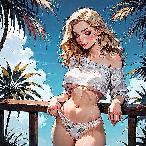 Sun-Kissed Woman in Crop Top and Floral Bikini Bottoms