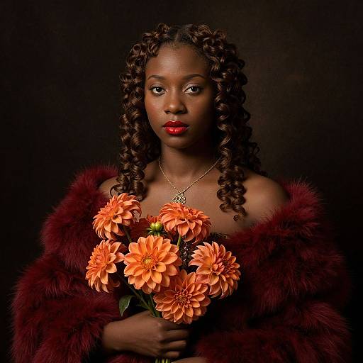 Photograph of a dark-skinned woman with curly hair, wearing a red fur off-shoulder coat and holding orange dahlias, against a black