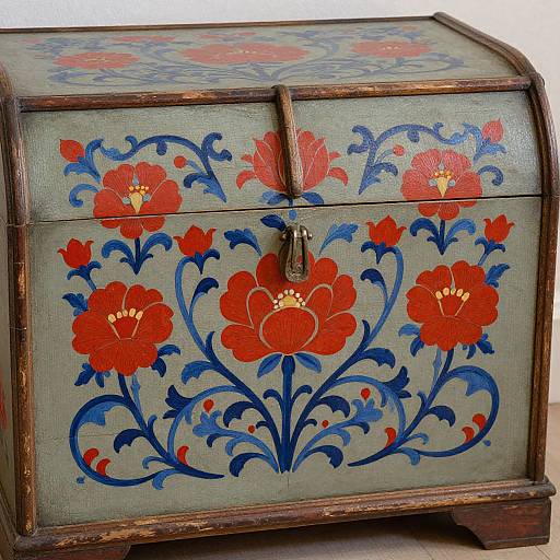 Vintage wooden chest with green-gray background, adorned with red and blue floral paintings, featuring a metal latch in the center.