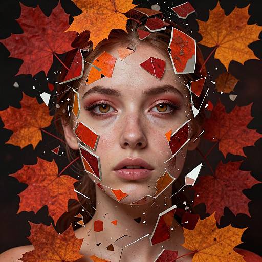 Photograph of a young woman with fair skin, brown eyes, and freckles, surrounded by fragmented autumn leaves in red and orange hues.